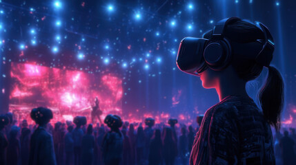 A vibrant virtual reality concert scene with a captivated audience experiencing immersive technology through VR headsets.