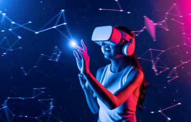 Blurry of female stand in cyberpunk neon light wear white VR headset and tank top connect metaverse, future cyberspace community technology, She use finger touch virtual reality object. Hallucination.