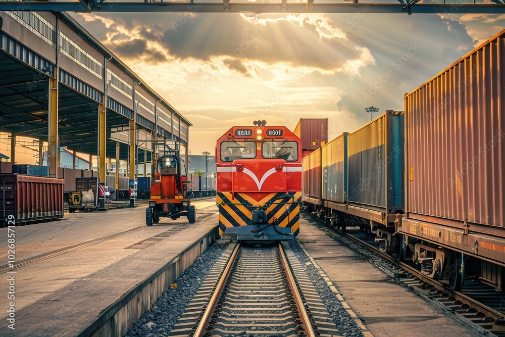 Poster a freight train is being loaded with shipping containers at a busy railway station as the sun sets i