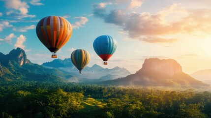Fototapeta premium Colorful hot air balloons float over stunning mountain landscapes at sunrise, creating a picturesque and serene travel scene.