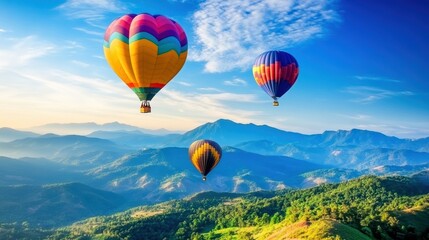 Obraz premium Colorful hot air balloons soaring over serene mountain landscapes under a clear blue sky.