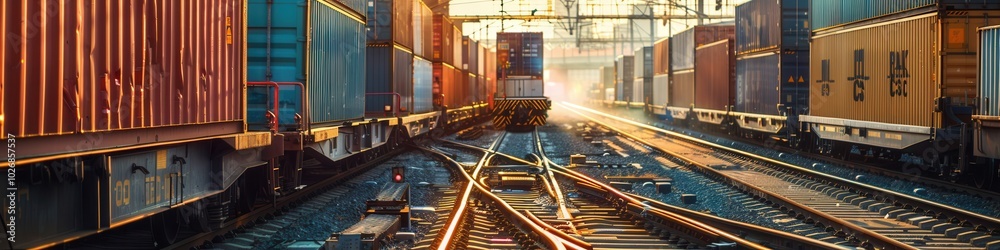 Poster a freight train is actively being loaded with colorful containers at a railway station in the warm g