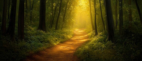 Obraz premium Serene forest path illuminated by golden sunlight filtering through trees, creating a magical and tranquil atmosphere.