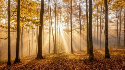 Serene forest scene with sunlight filtering through autumn leaves and trees, creating a magical atmosphere in nature.