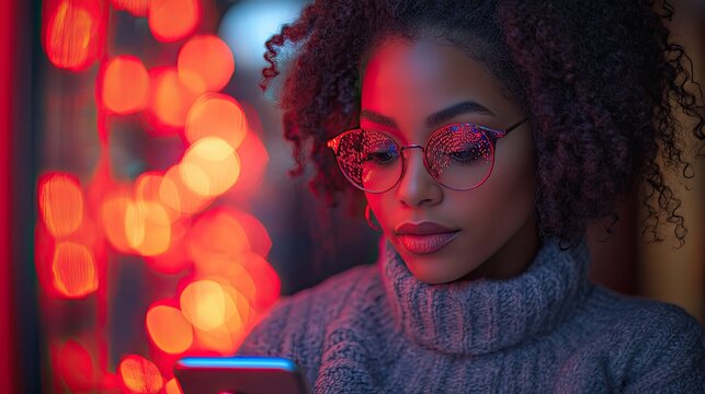 A woman engaging with digital technology using mobile devices and cloud computing for internet network connections.