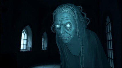 Blue ghostly figure with glowing eyes in a haunted hallway