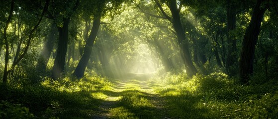 Obraz premium Sunlight filtering through lush green trees in a tranquil forest pathway, creating a serene and peaceful atmosphere.