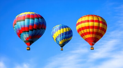 Obraz premium Three vibrant hot air balloons soar against a clear blue sky, showcasing colorful patterns and a sense of adventure.