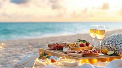Elegant Beach Picnic Setup with Charcuterie Board