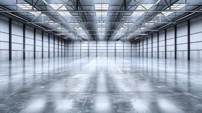 Empty Industrial Warehouse Interior with Metal Walls and Ceiling