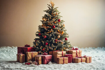 Cenário de natal com árvore e presentes e chão com neve