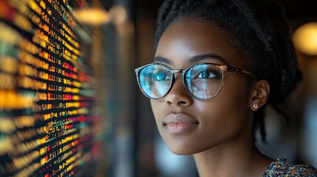 A woman programmer examines lines of code on her screen, emphasizing her focus on software development.