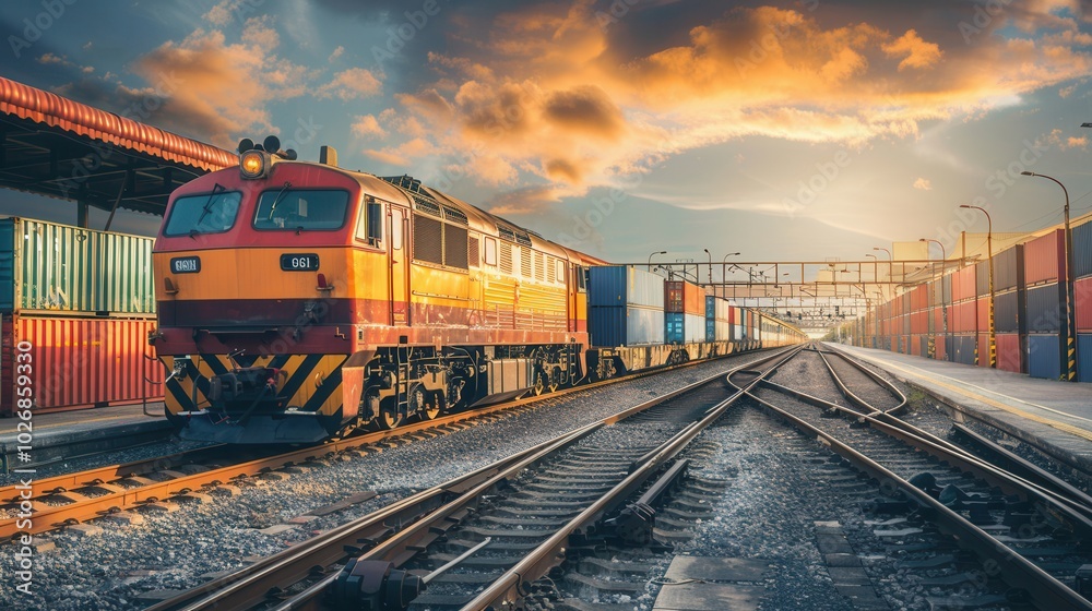Poster a freight train is being loaded with containers at a railway station as the sun sets, casting a warm