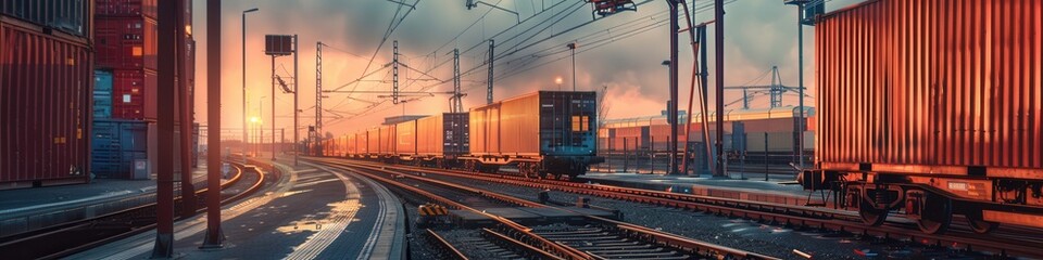 A freight train is being loaded with numerous containers at a bustling railway station, illuminated by the warm glow of sunset. Generative AI