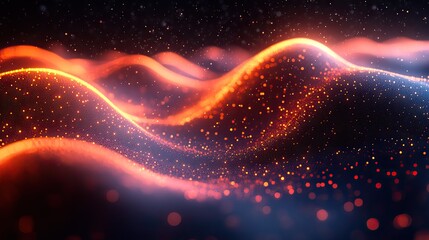 Obraz premium Abstract digital particles floating in waveforms, creating a cyber technology landscape with a defocused background.
