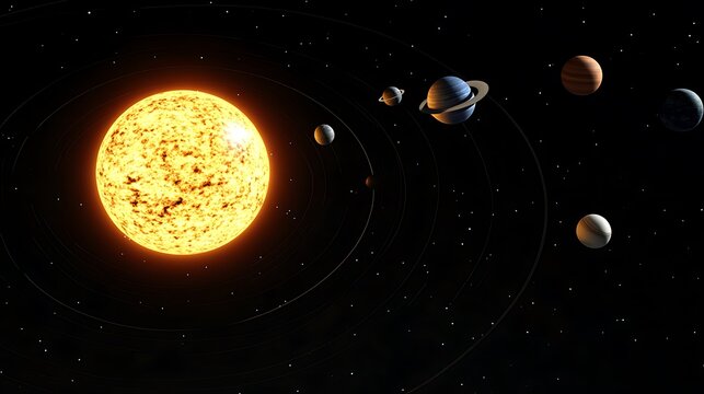 A solar system model with planets orbiting around a glowing sun, photorealistic