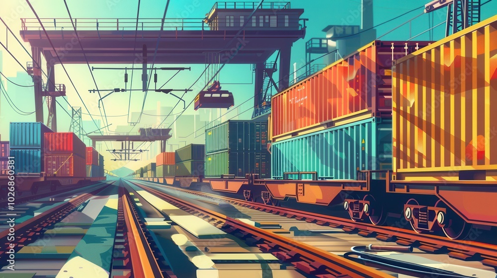 Poster a freight train is being loaded with vibrant containers at a bustling railway station under clear sk