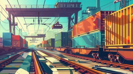 A freight train is being loaded with vibrant containers at a bustling railway station under clear skies. Generative AI