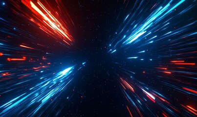 Abstract background with glowing red and blue light streaks converging in the center on a dark background with small white stars.
