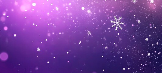 Abstract purple background with falling snowflakes and bokeh lights.