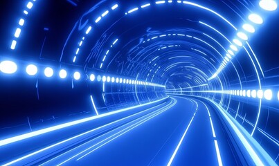 Fototapeta premium Abstract futuristic tunnel with blue neon lights and glowing lines.