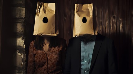 In a poignant portrayal of marital discord, a faceless man and woman are depicted standing in a living room with paper bags on their heads, each bearing a fierce expression of anger