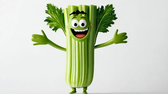 A happy celery character is standing against a white background with arms outstretched