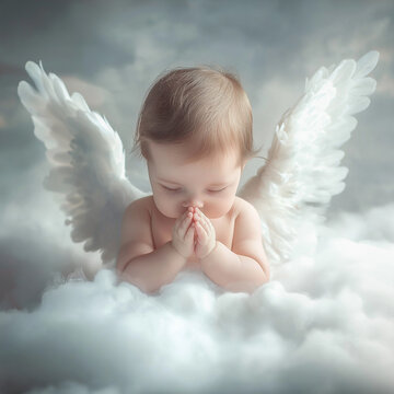 Portrait of a newborn with angel wings standing on the clouds and pray