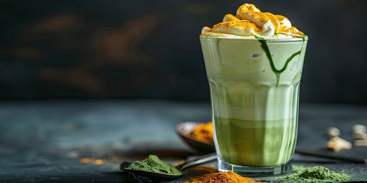 Green tea latte with whipped cream and turmeric on a dark background.