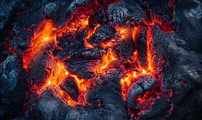 Close-up of glowing embers and ash in a dying campfire.
