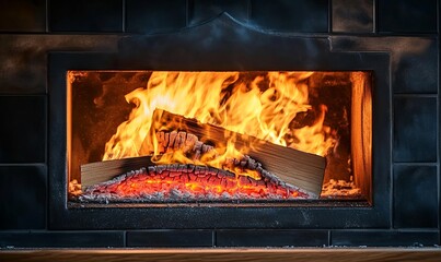 A close-up of a fireplace with a roaring fire, with flames reaching high and a log burning in the center.