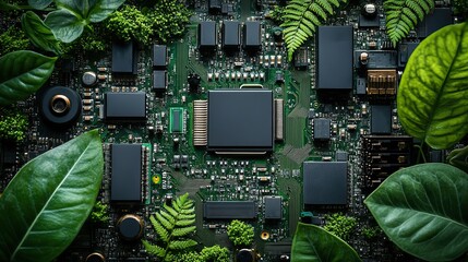 An eco-friendly green electronics setup emphasizing environmental communication and technology innovations.