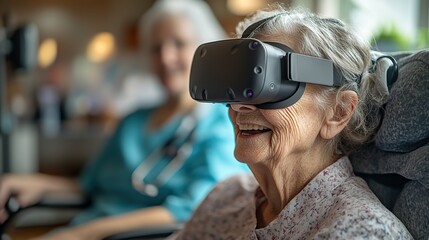 An elderly woman in a wheelchair exploring virtual reality for healthcare with the help of a nurse in a nursing home.