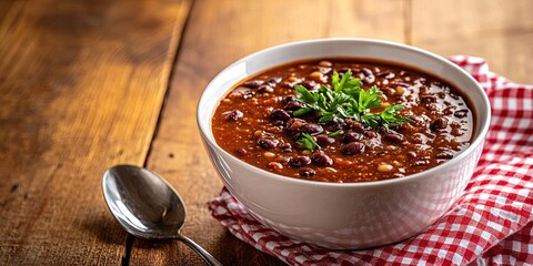 A bowl of chili with beans, meat, and vegetables, garnished with parsley, on a red and white checkered napkin, and a silver spoon.