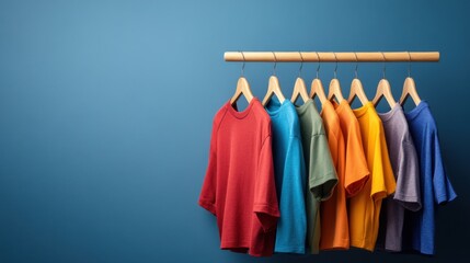 Obraz premium Colorful T-shirts on Hangers Against Blue Background
