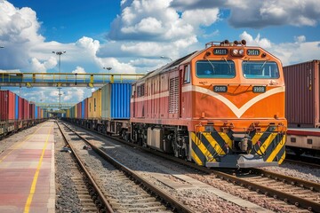 Fototapeta premium A freight train is being loaded with vibrant containers at a bustling railway station on a sunny day. Generative AI