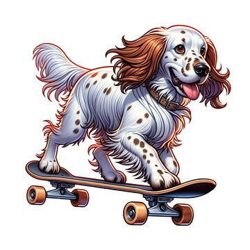 recommend clip art: English setter dog skateboarding clip art cartoon illustration, dog on skateboard element