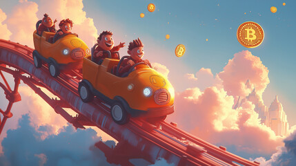 Cryptocurrency Rollercoaster Cartoon characters riding a rollercoaster with Bitcoin, Ethereum, and other crypto coins as the carts, representing the ups and downs of the market. Co