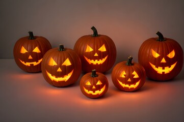 Fototapeta premium ハロウィンお祝い：ジャック・オー・ランタン（Jack-o'-Lantern）暗闇にたくさん並ぶ