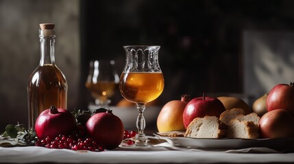  A beautifully arranged Rosh Hashanah table with apples, honey, and pomegranates, alongside challah bread and wine. The table radiates with hope and sweetness for the Jewish new year