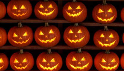 Fototapeta premium ハロウィンお祝い：ジャック・オー・ランタン（Jack-o'-Lantern）暗闇にたくさん並ぶ