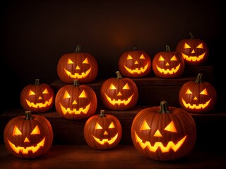 ハロウィンお祝い：ジャック・オー・ランタン（Jack-o'-Lantern）暗闇にたくさん並ぶ
