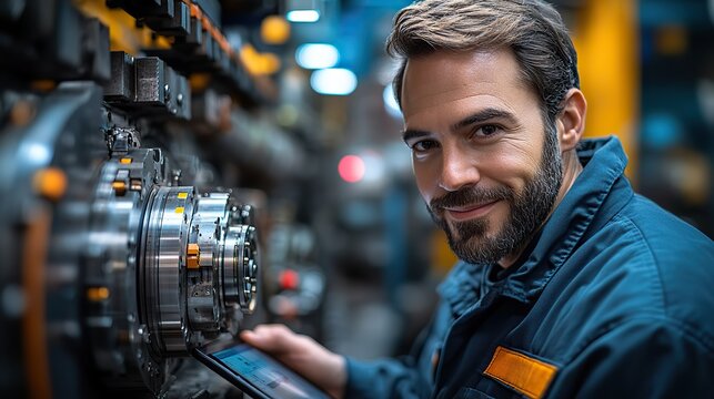 An engineer programs a CNC machine with G-code from a tablet, highlighting advanced technology in heavy industry operations.