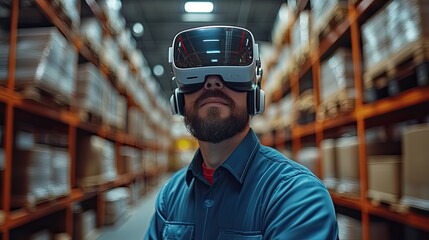 An engineer uses virtual reality technology in a modern warehouse factory, exploring new innovations in engineering.