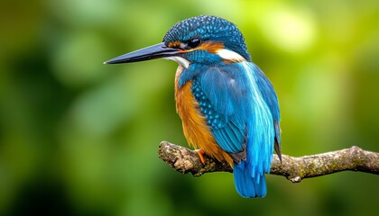 Obraz premium A vibrant blue and orange kingfisher perches on a branch, its head turned to the side, against a soft green background.