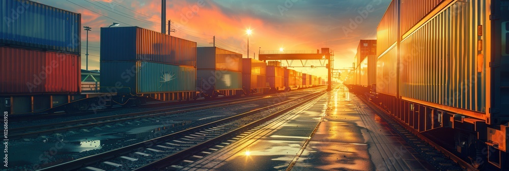 Aufkleber A freight train is being loaded with containers at a railway station under a vibrant sunset sky, illuminating the area with warm light. Generative AI
