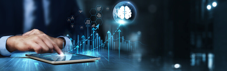 BI (Business Intelligence): Businessman using tablet and analyzing technical growth by data...