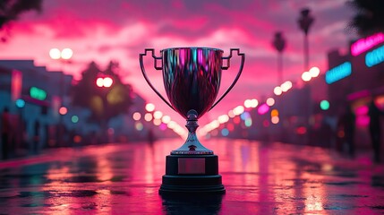 An e-sports trophy set against a night sky filled with futuristic technology and neon lights, highlighting advanced gaming.