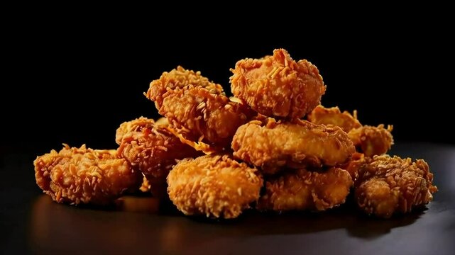 a pile of golden brown crispy fried chicken nuggets isolated on a black background