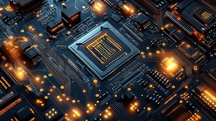 An illustration of a circuit board background emphasizes texture and design, showcasing the complexity and aesthetics of technological components.